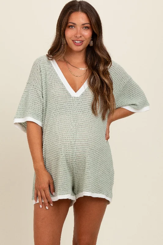 Light Olive Knit Contrast Trim Deep V-Neck Maternity Romper