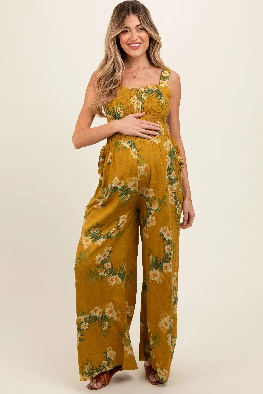 Yellow Floral Smocked Maternity Jumpsuit