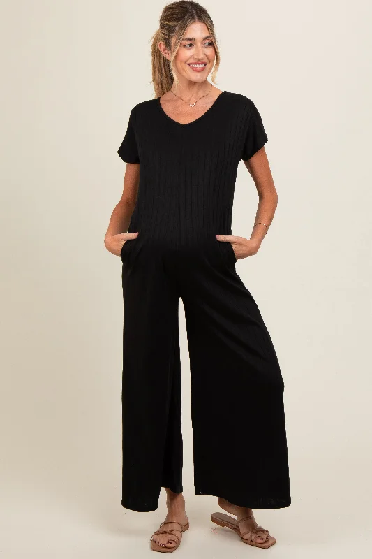 Black Ribbed Wide Leg Maternity Jumpsuit