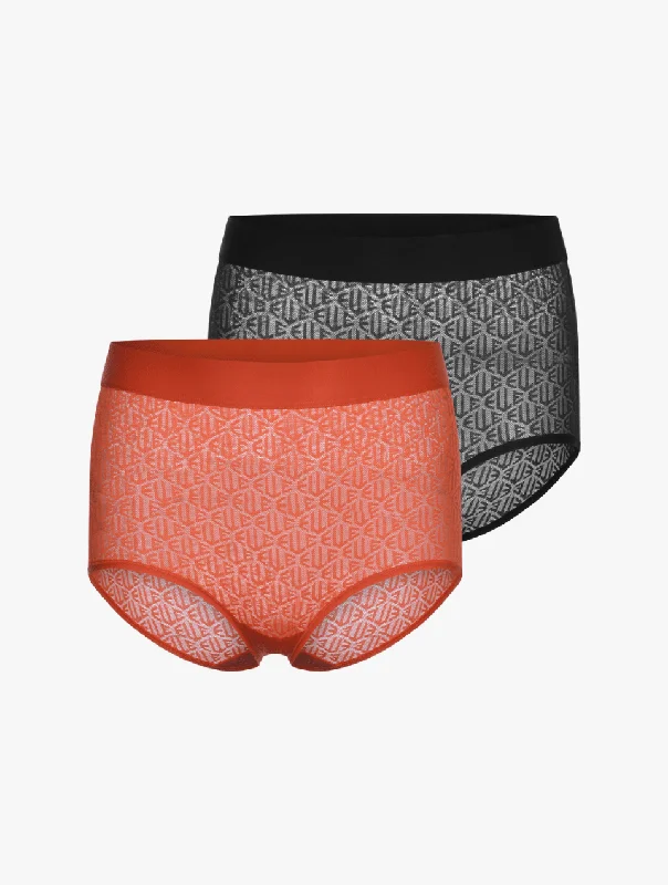 ELLE Icon Lace High Waisted Brief - Black/Orange - 2 PACK