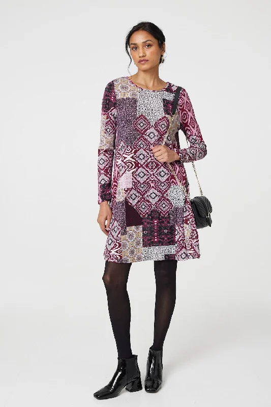 Patchwork Long Sleeve Short Swing Dress