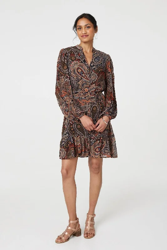 Paisley Print Tie Waist Short Dress