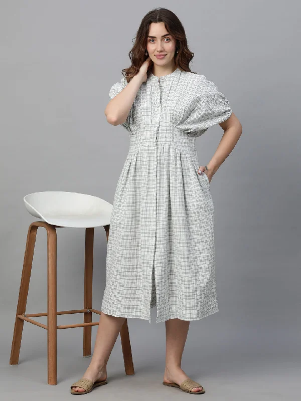 Women's White Cotton Linen Regular Fit Dress