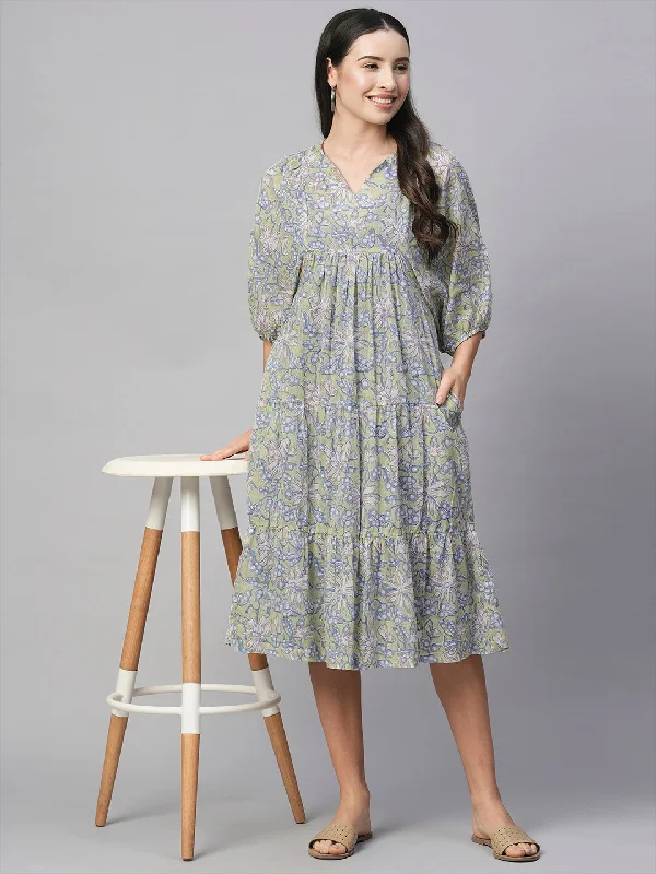 Women's Green Cotton Regular Fit Dress