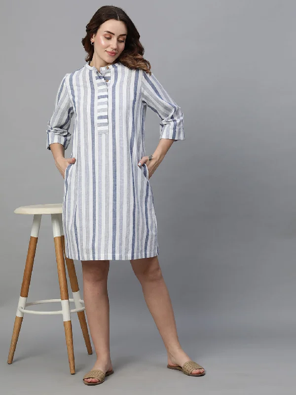 Women's Blue Cotton Linen Regular Fit Dress