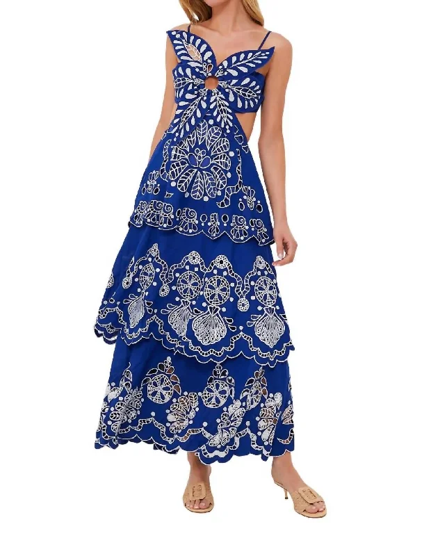 Richelieu Linen Midi Dress In Blue Flower