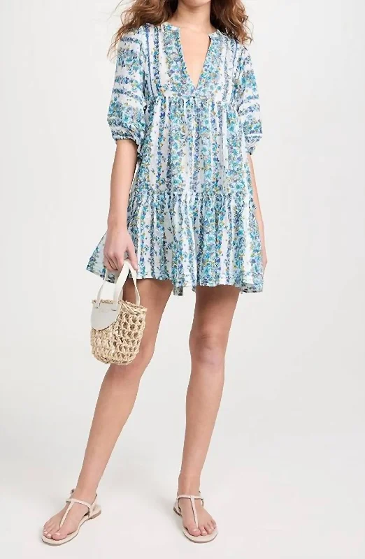 Aria Mini Dress In Blue Waves Flowers