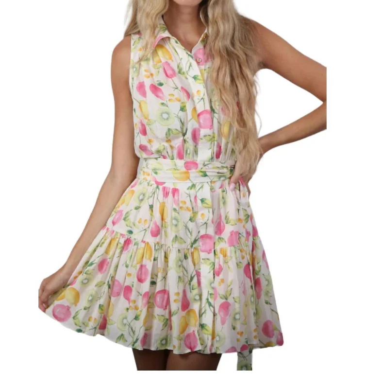 Belted Button Front Mini Dress In Fruit Medley