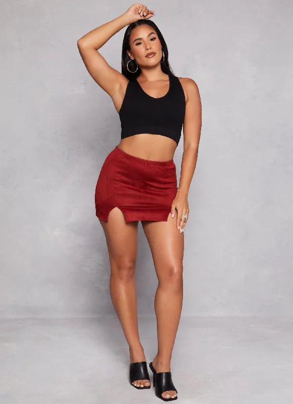 Faux Suede Double Slit High Waist Mini Skirt