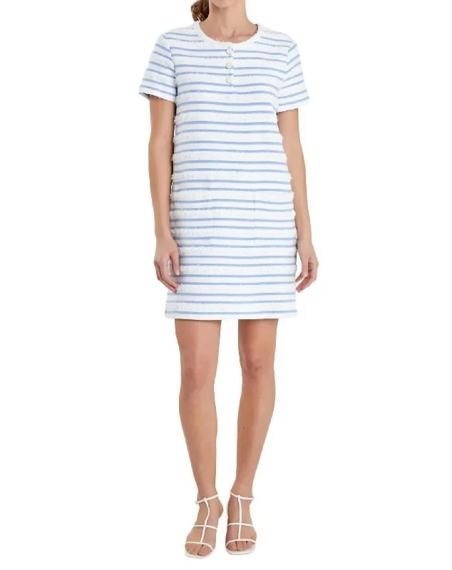 Fringed Striped Polo Mini Dress In Blue