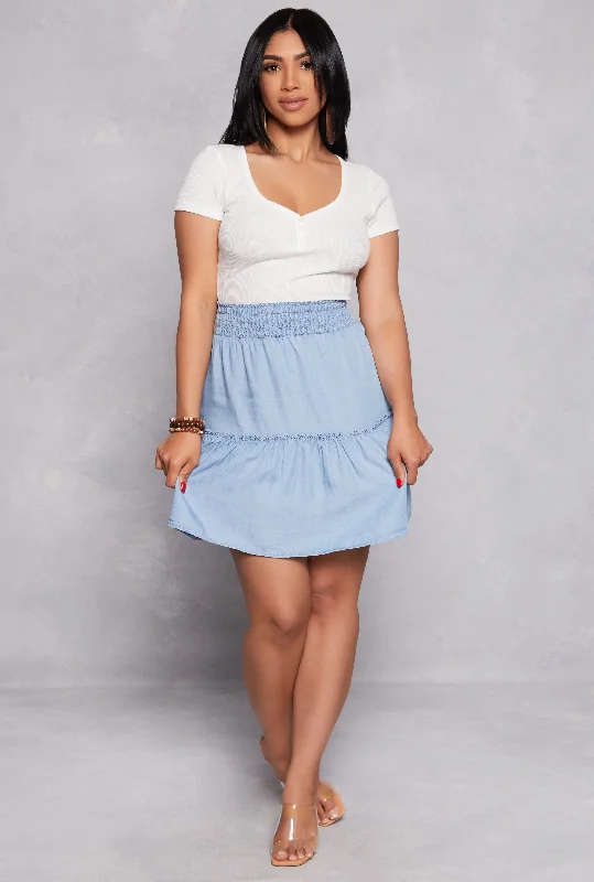 Chambray Tiered Mini Skirt