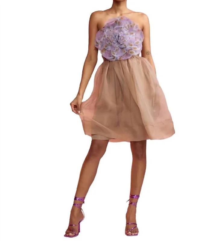 Organza Flower Mini Dress In Camel