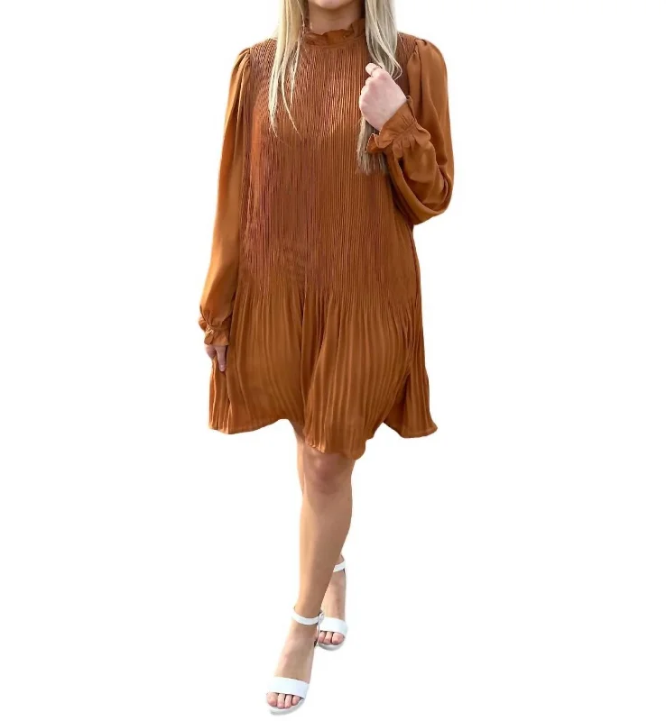 Pleated High Ruffle Neck Mini Dress In Honey Ginger