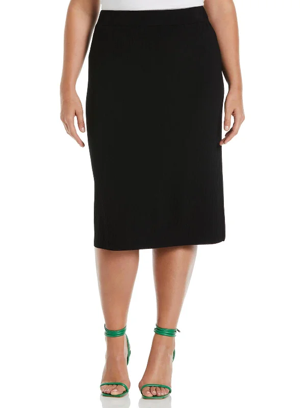 Plus Womens Ribbed Knit Knee-Length Pencil Skirt