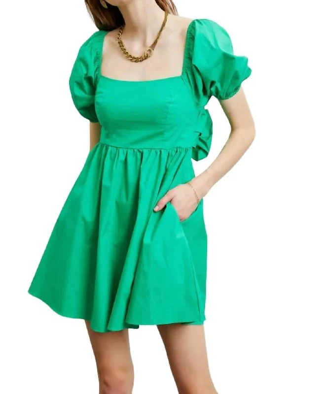 Puff Sleeve Babydoll Mini Dress In Green