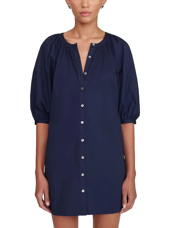 Womens Puff Sleeve Mini Shirtdress