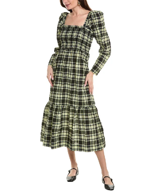 GANNI Seersucker Check Smocked Maxi Dress