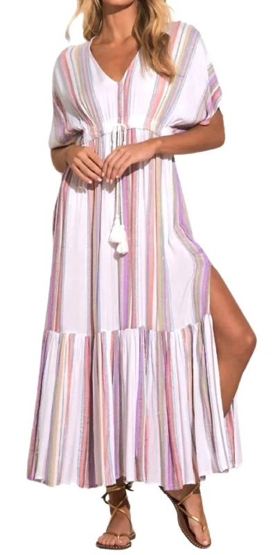 Long Maxi Stripe Drawstring Dress In White Multi