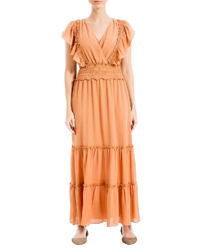 Max Studio Crepe Flutter Sleeve V-Neck Smocked Maxi Dress