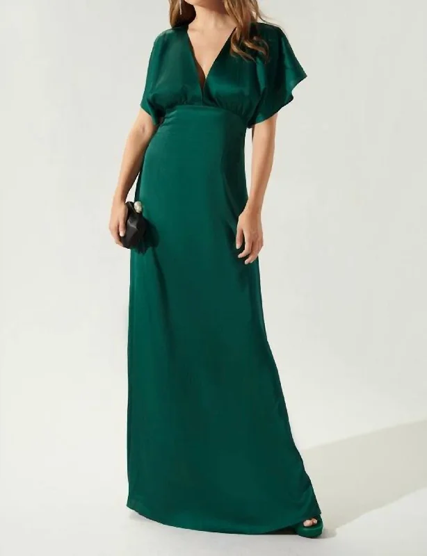 The Darling Flutter Satin Maxi Sleeve Dress In Emerald