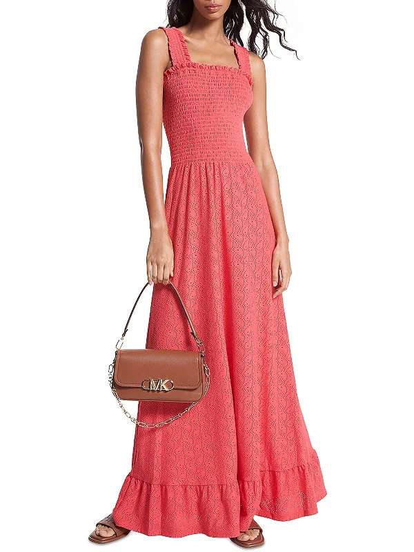 Womens Eyelet Smocked Maxi Dress