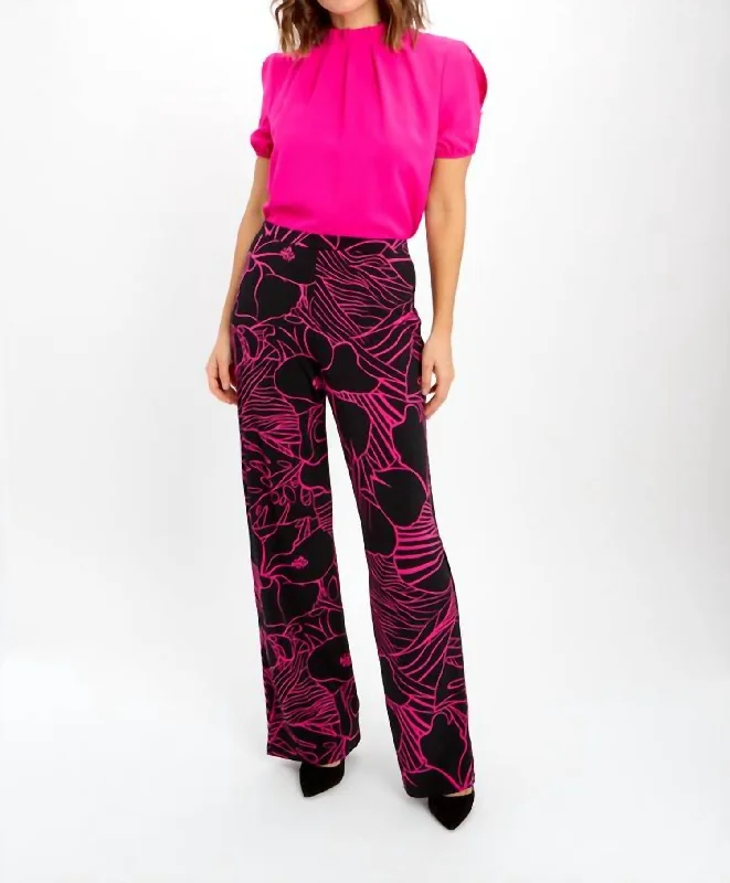 Abstract Print Pants In Black/fuchsia