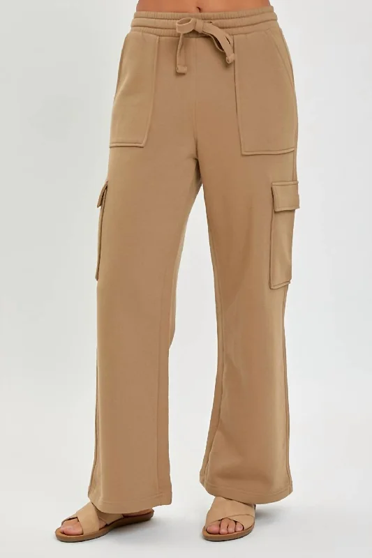 High Rise Cargo Pocket Wide Pants In Mocha