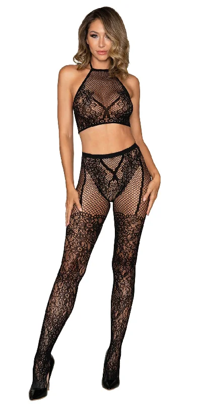 Bralette & Pantyhose Bodystocking Set with Knitted Lace Detail