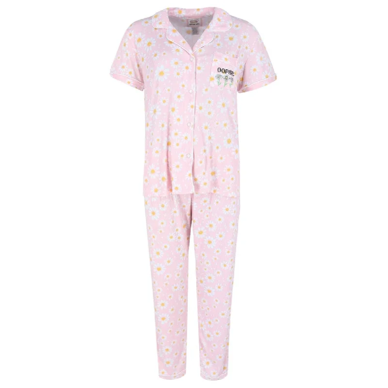 Sleep, plz Women's Plus Size Daisy Ribbed Notch Short Sleeve Pajama Set