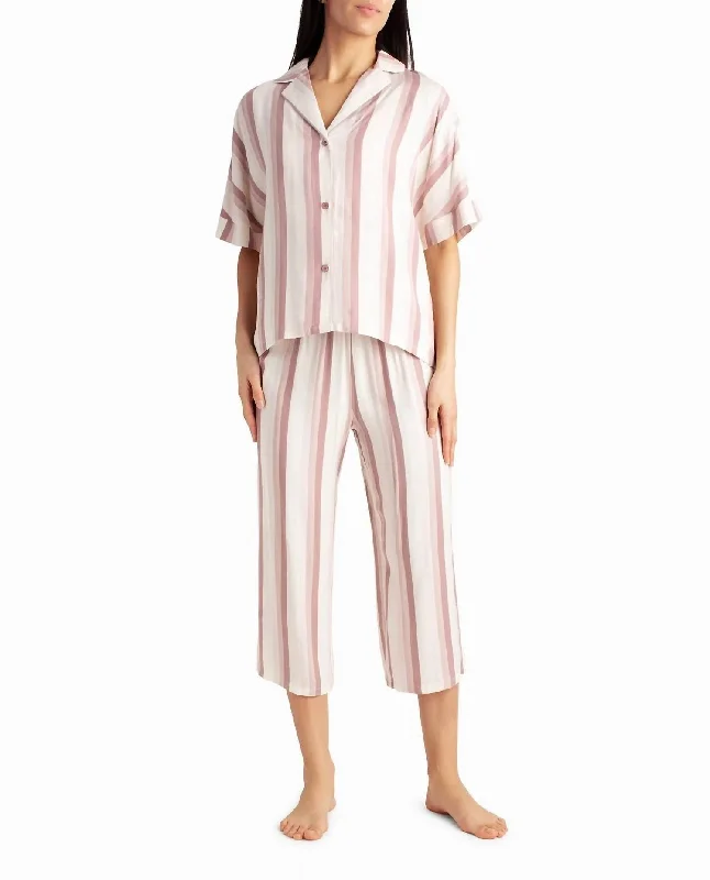 Woven Shirt And Capri Two-Piece Sleepwear Set In Dune Textured Block Stripe