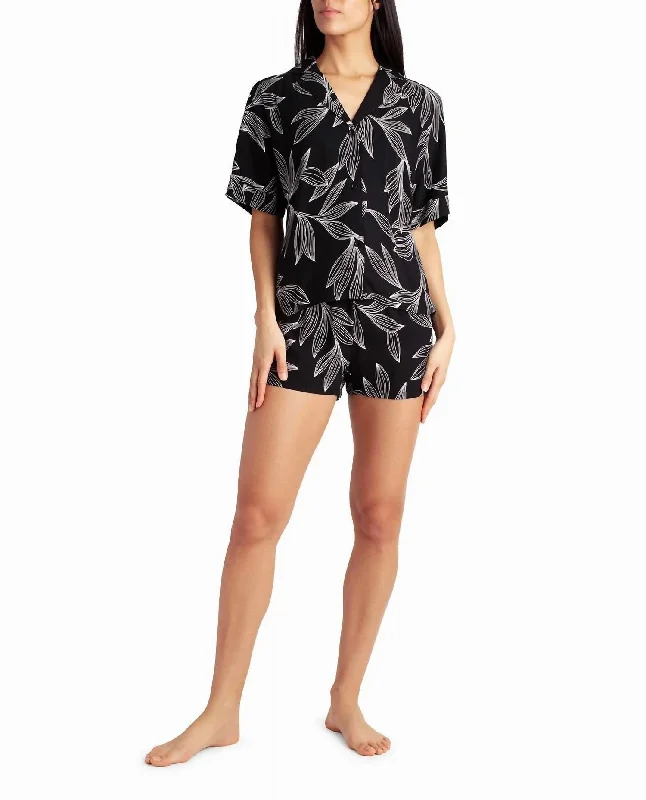 Woven Shirt And Short Two-Piece Sleepwear Set In Black Leaf