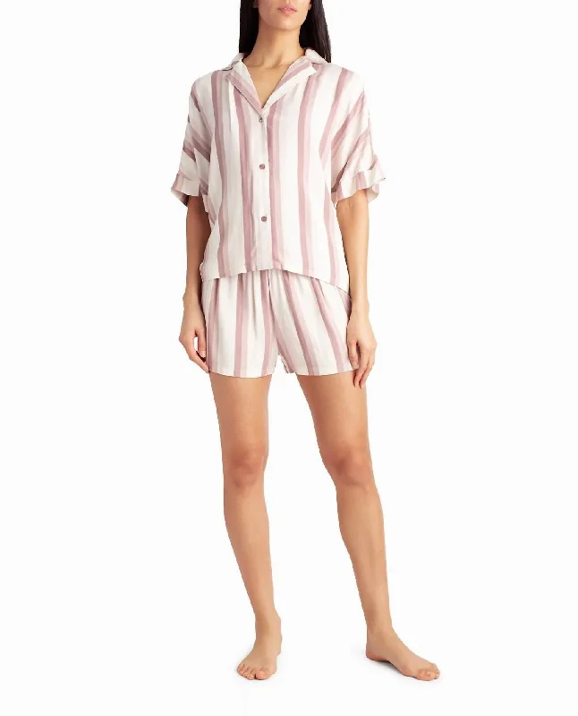 Woven Shirt And Short Two-Piece Sleepwear Set In Dune Textured Block Stripe